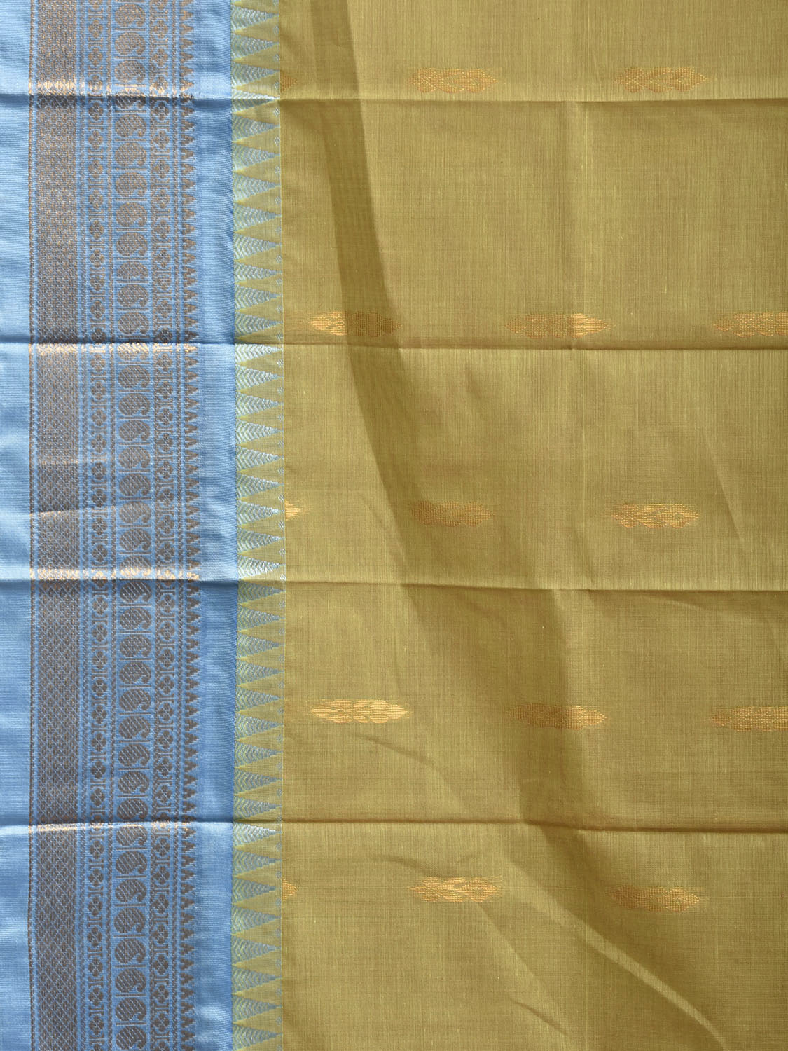 Olive and Light Blue Gadwal Cotton Body Viscose Border Saree with Pallu Design No Blouse g0617
