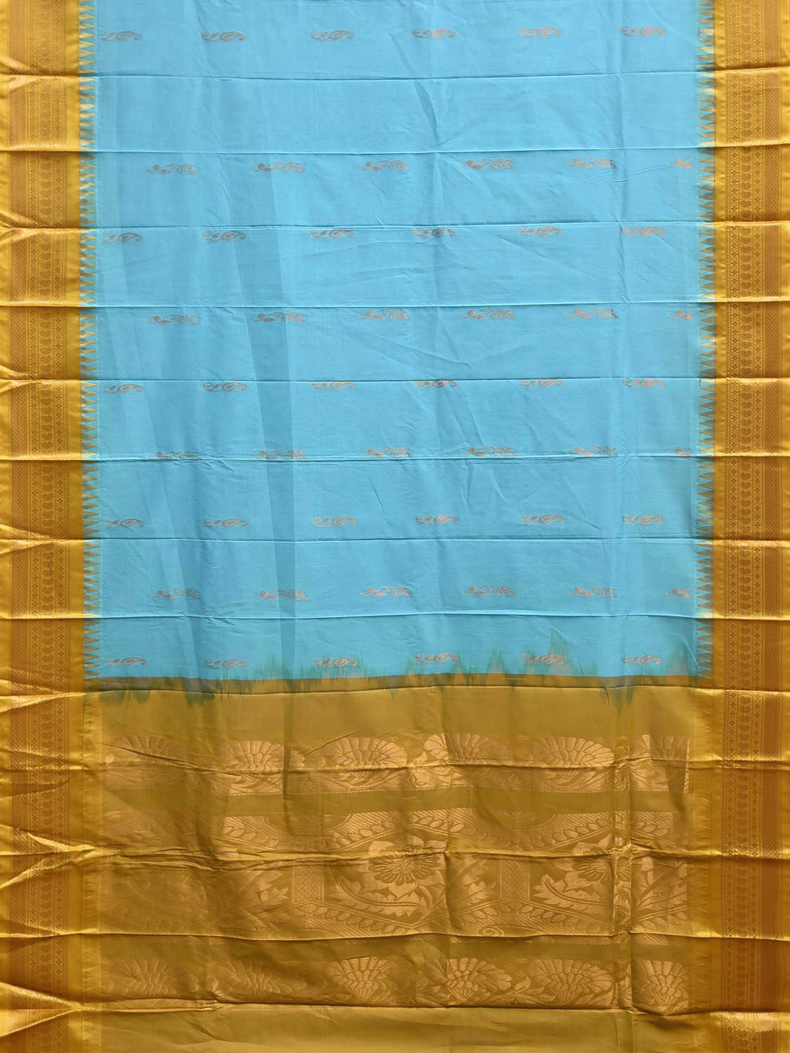 Light Blue and Olive Gadwal Cotton Body Viscose Border Saree with Pallu Design No Blouse g0619
