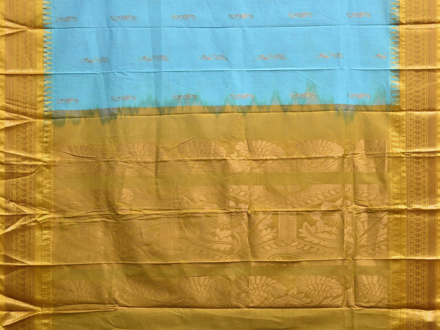 Light Blue and Olive Gadwal Cotton Body Viscose Border Saree with Pallu Design No Blouse g0619