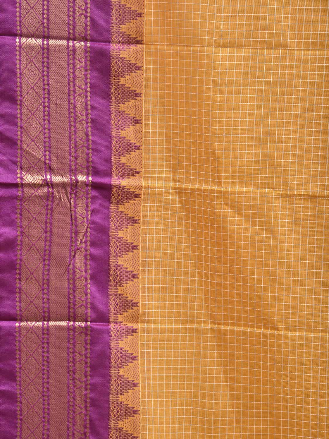 Yellow and Purple Gadwal Cotton Body Viscose Border Saree with Checks Design No Blouse g0622