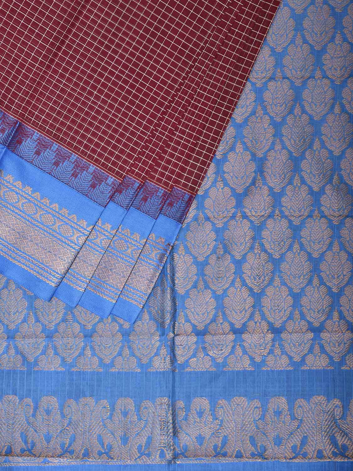 Maroon and Blue Gadwal Cotton Body Viscose Border Saree with Checks Design No Blouse g0625
