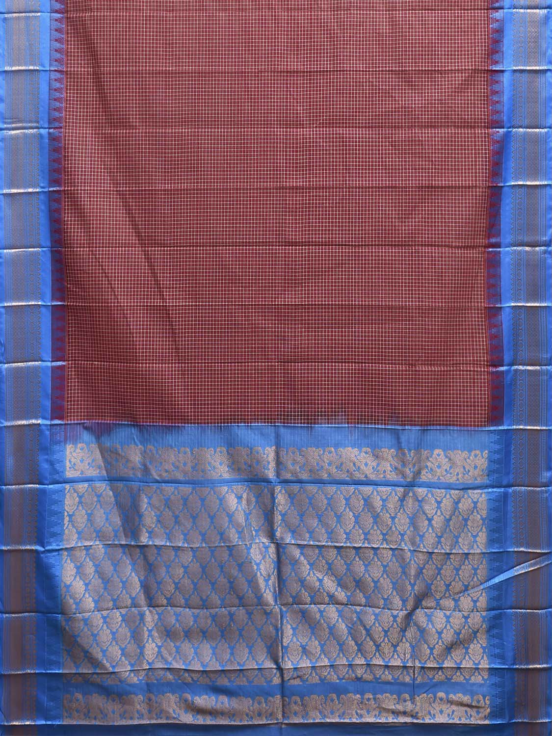 Maroon and Blue Gadwal Cotton Body Viscose Border Saree with Checks Design No Blouse g0625