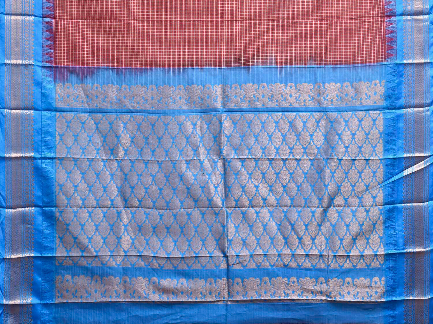 Maroon and Blue Gadwal Cotton Body Viscose Border Saree with Checks Design No Blouse g0625