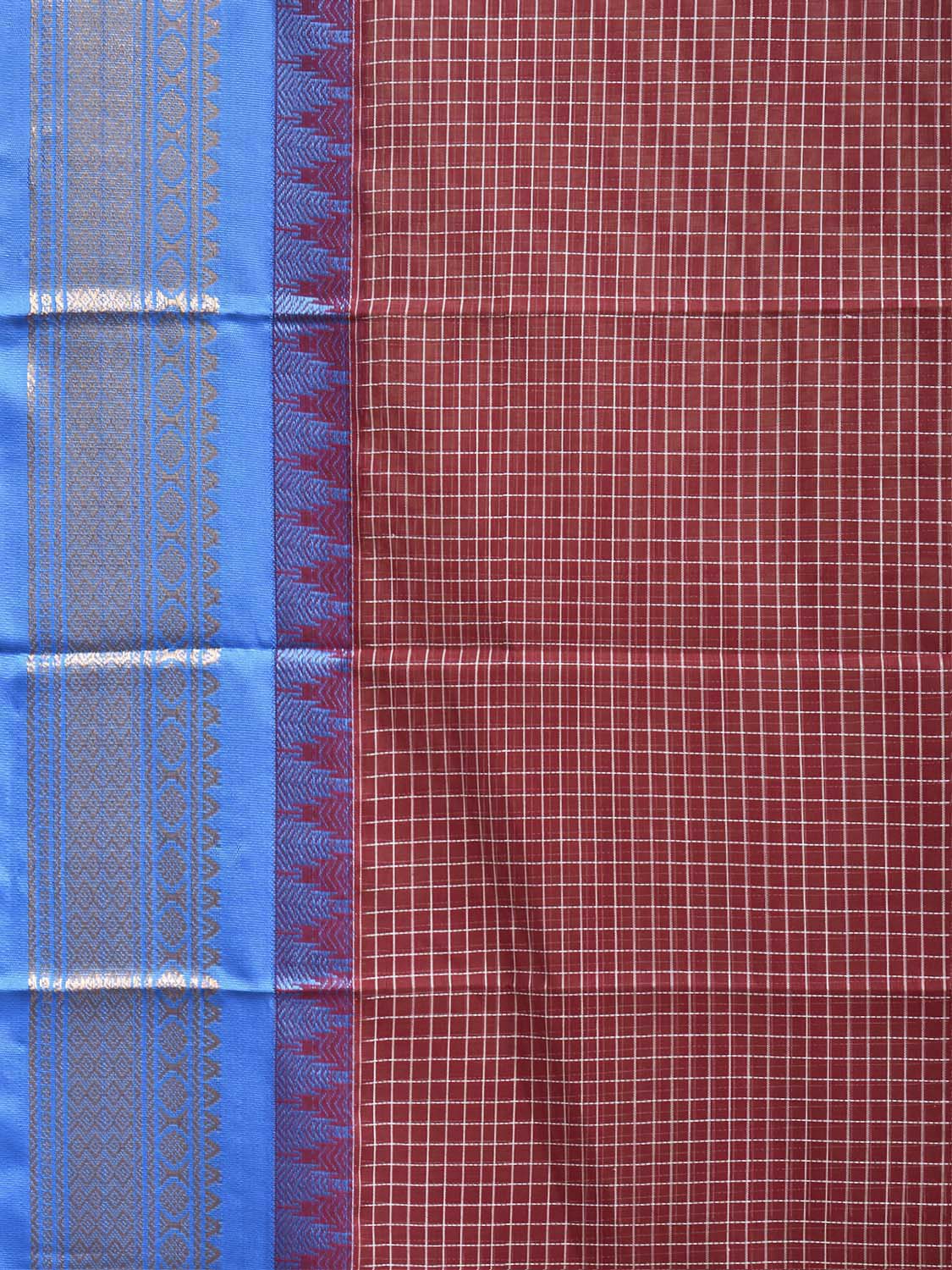 Maroon and Blue Gadwal Cotton Body Viscose Border Saree with Checks Design No Blouse g0625
