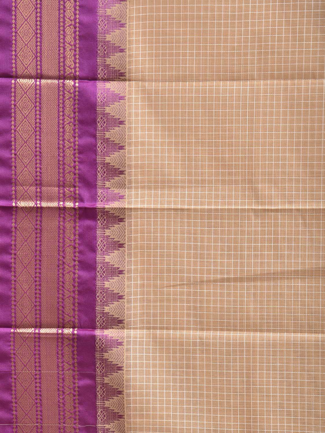 Cream and Purple Gadwal Cotton Body Viscose Border Saree with Checks Design No Blouse g0627