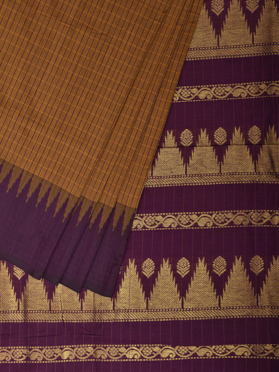 Dark Orange and Purple Gadwal Cotton Viscose Saree with Checks and Pallu Design g0630