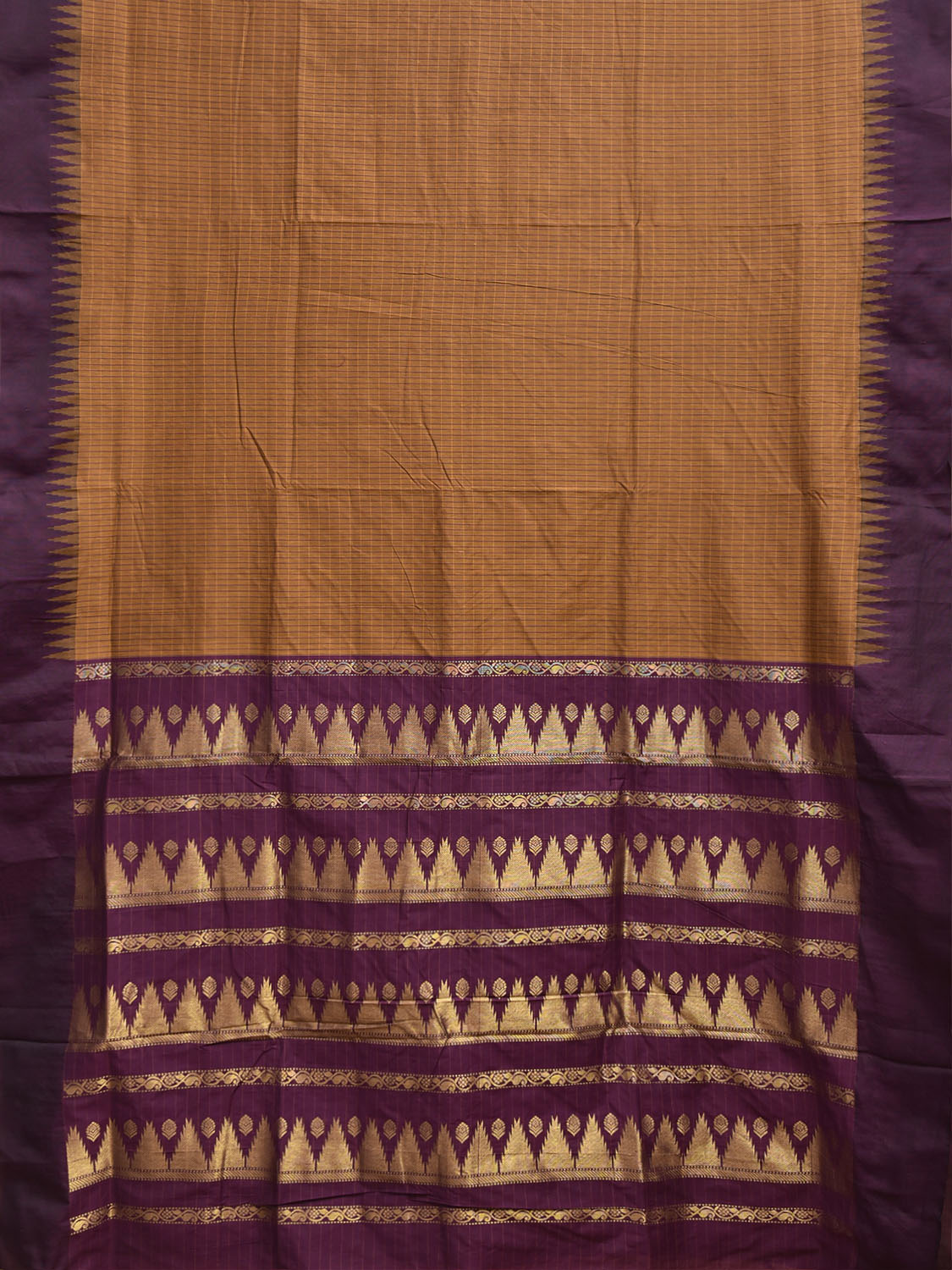Dark Orange and Purple Gadwal Cotton Viscose Saree with Checks and Pallu Design g0630