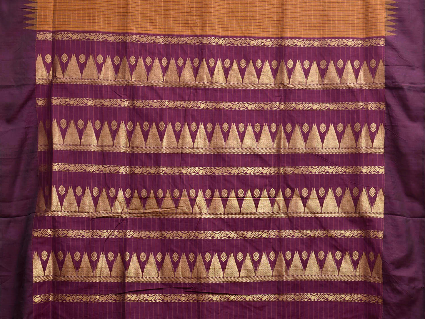 Dark Orange and Purple Gadwal Cotton Viscose Saree with Checks and Pallu Design g0630