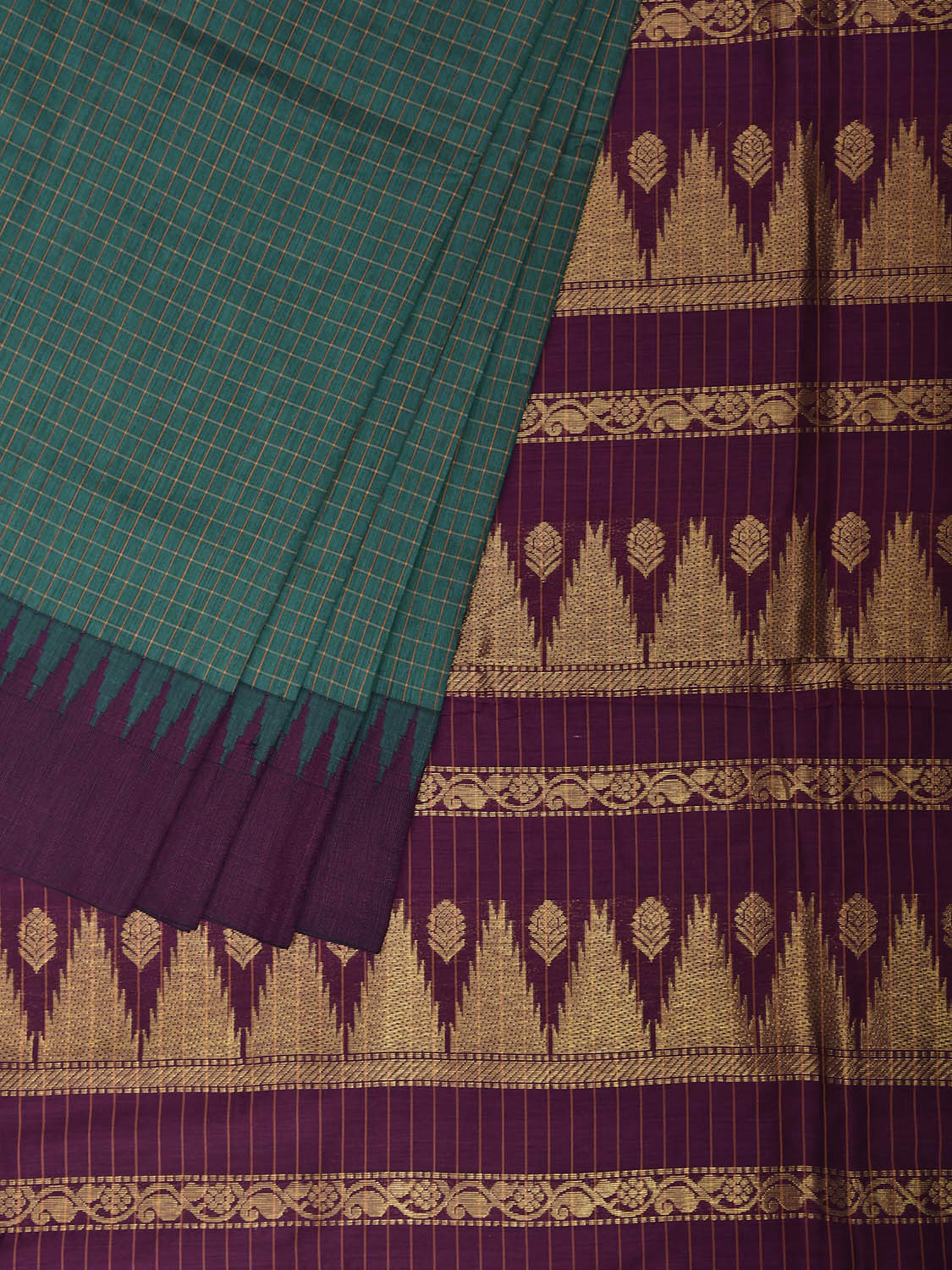 Teal and Purple Gadwal Cotton Viscose Saree with Checks and Pallu Design g0632