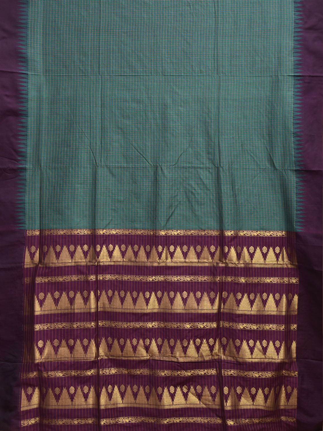 Teal and Purple Gadwal Cotton Viscose Saree with Checks and Pallu Design g0632