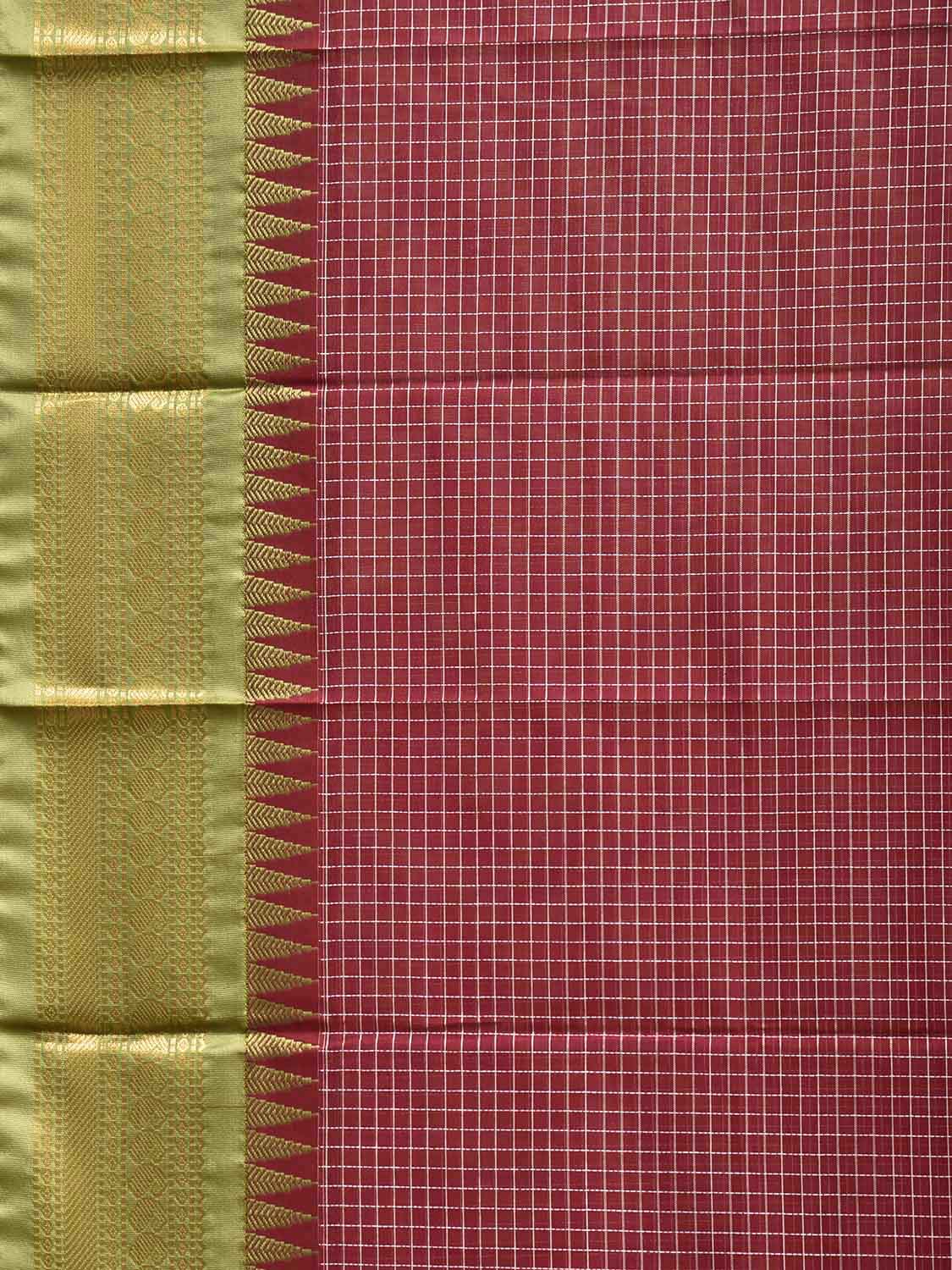 Maroon and Green Gadwal Body Cotton Viscose Pallu Saree with Checks and Border-Pallu Design No Blouse g0643