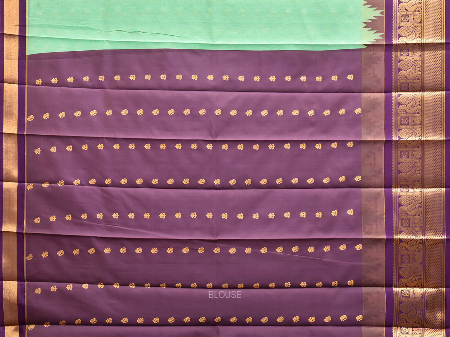 Turquoise and Purple Gadwal Cotton Viscose Saree with Body Buta and Temple Border Design g0666