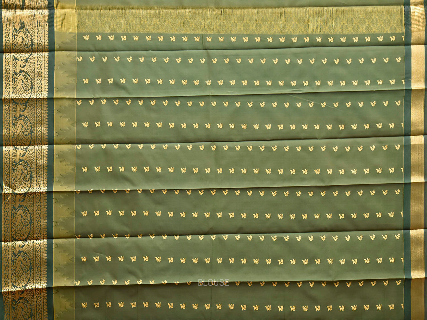 Light Fawn and Green Gadwal Cotton Viscose Saree with Body Buta and Temple Border Design g0667