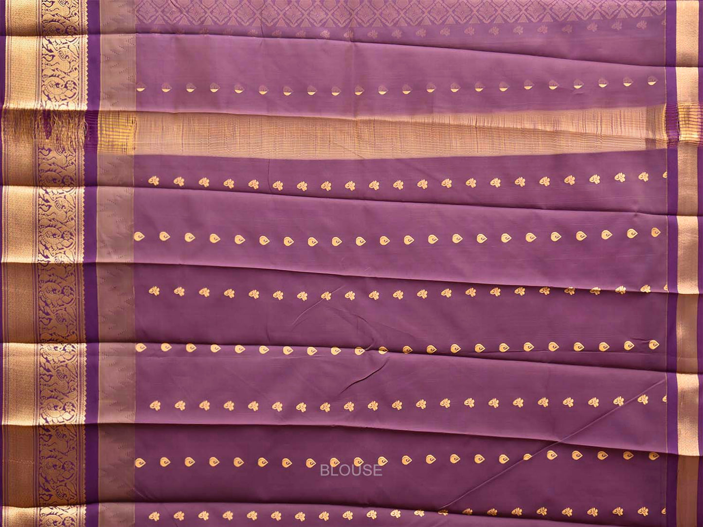 Cream and Purple Gadwal Cotton Viscose Saree with Body Buta and Temple Border Design g0669