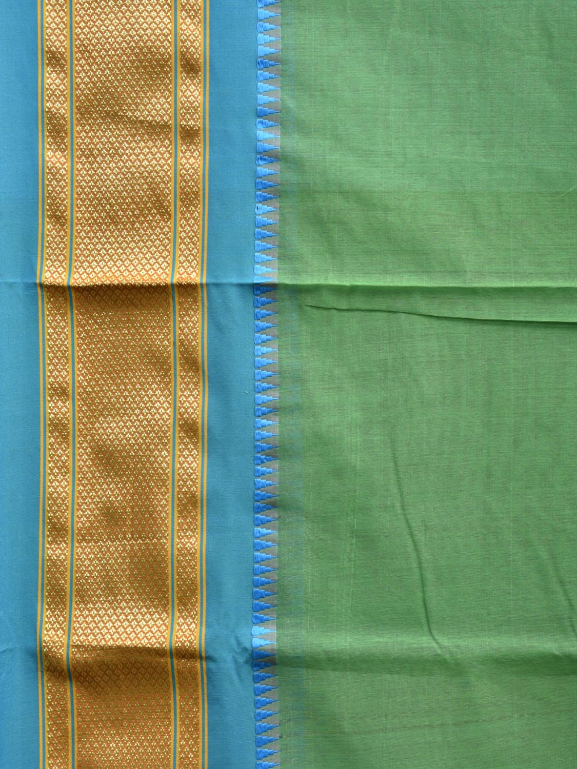 Green and Blue Bamboo Cotton Plain Saree with Narali Border No Blouse bc0551