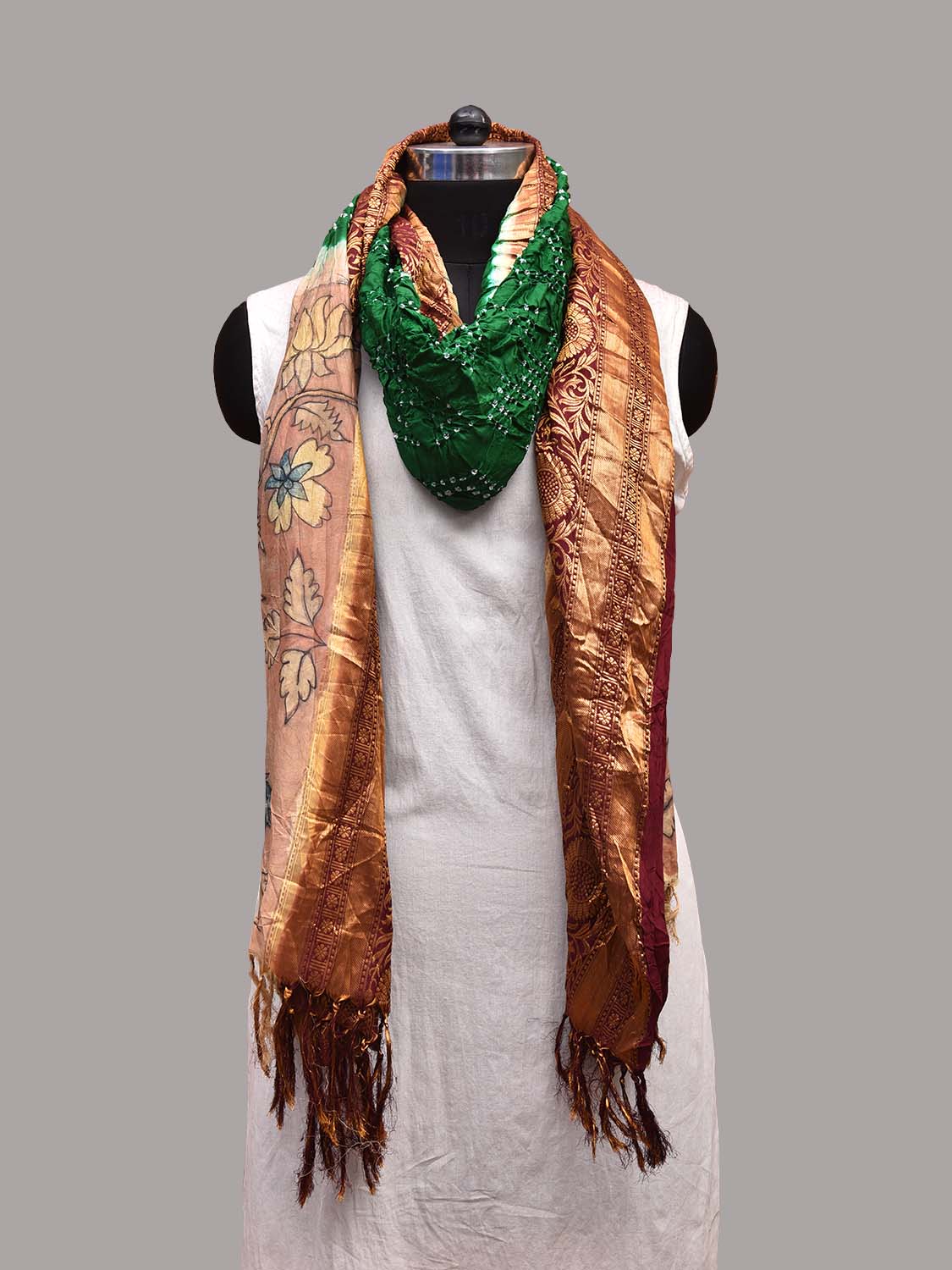 Green and Brown Bandhani Kalamkari Hand Painted Kanchipuram Silk Handloom Dupatta with Floral and Birds Design ds3668