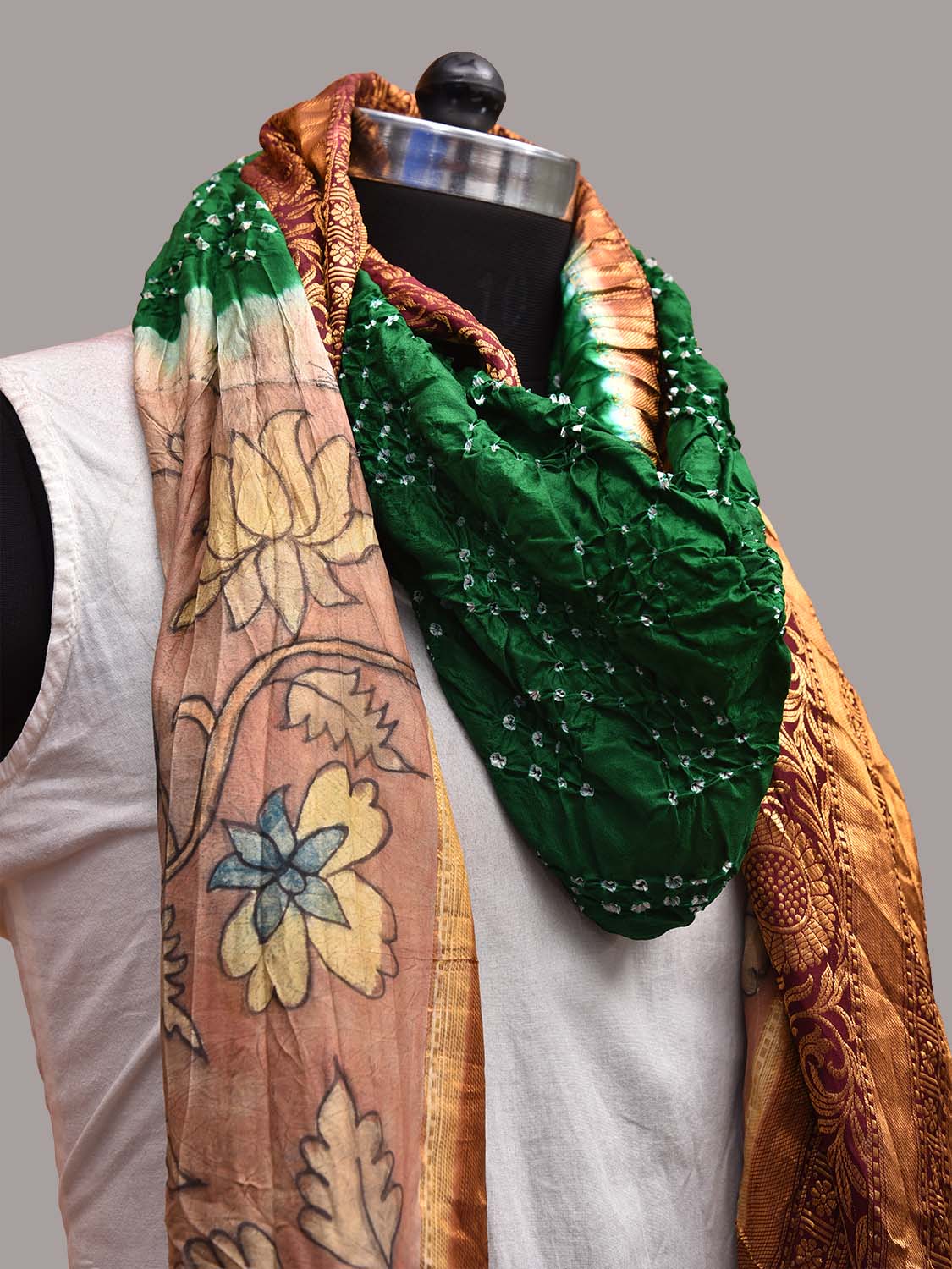 Green and Brown Bandhani Kalamkari Hand Painted Kanchipuram Silk Handloom Dupatta with Floral and Birds Design ds3668