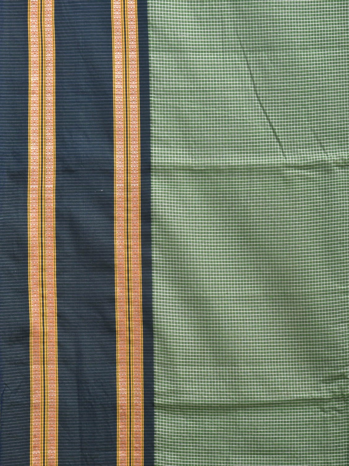 Green and Dark Blue Bamboo Cotton Saree with Small Checks Design No Blouse bc0300