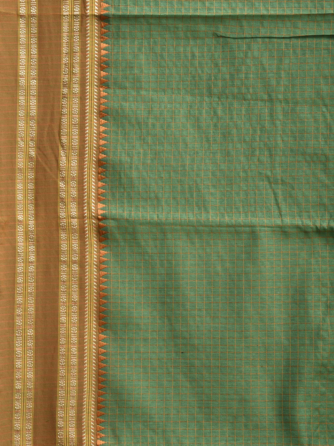 Green and Fawn Bamboo Cotton Saree with Checks Design No Blouse bc0846