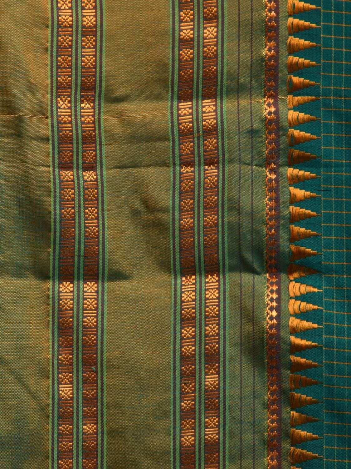 Green and Mustard Narayanpet Silk Handloom Saree with Checks Design No Blouse np0441