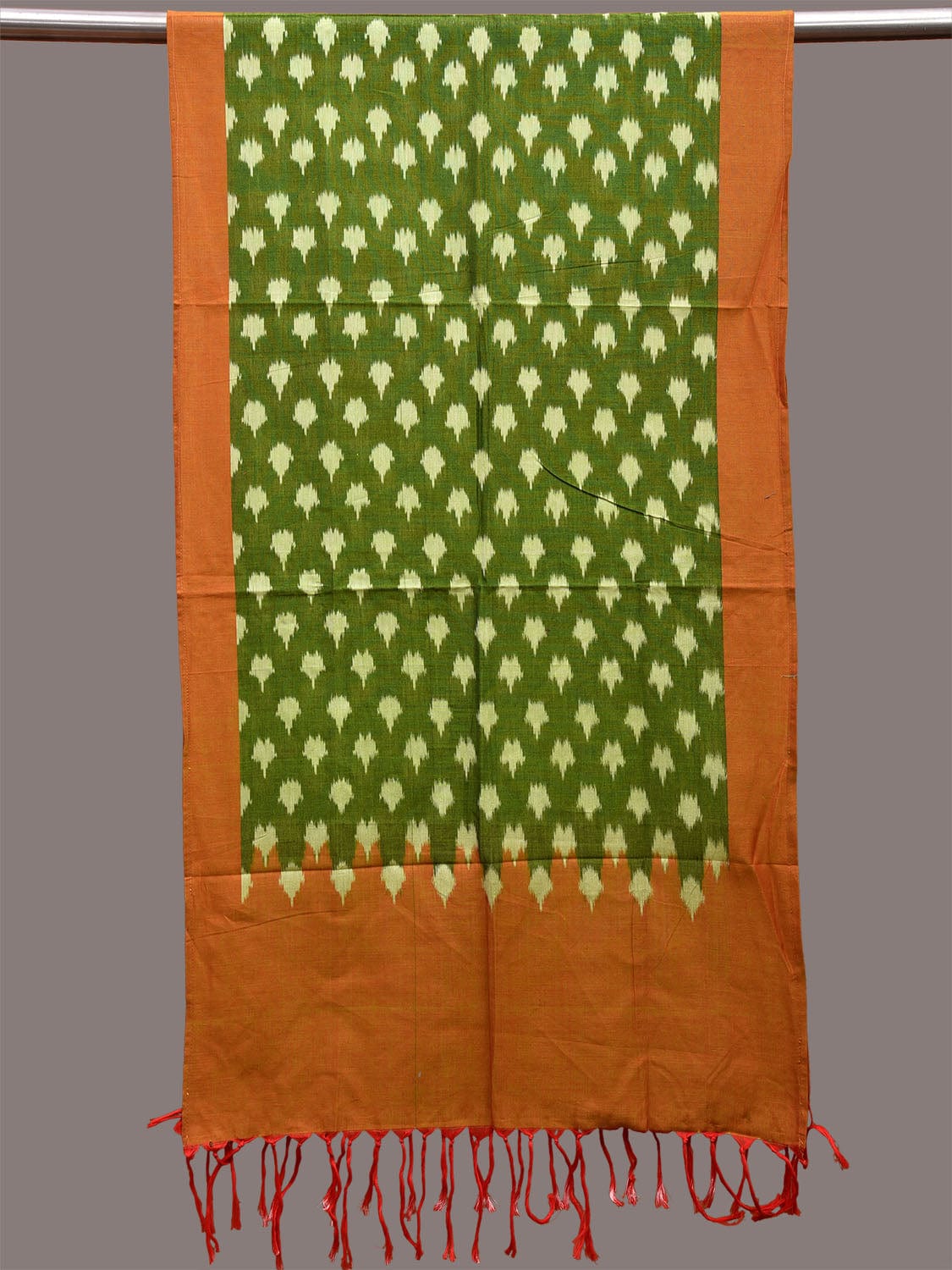 Green and Mustard Pochampally Ikat Cotton Handloom Stole with Buta Design ds3644