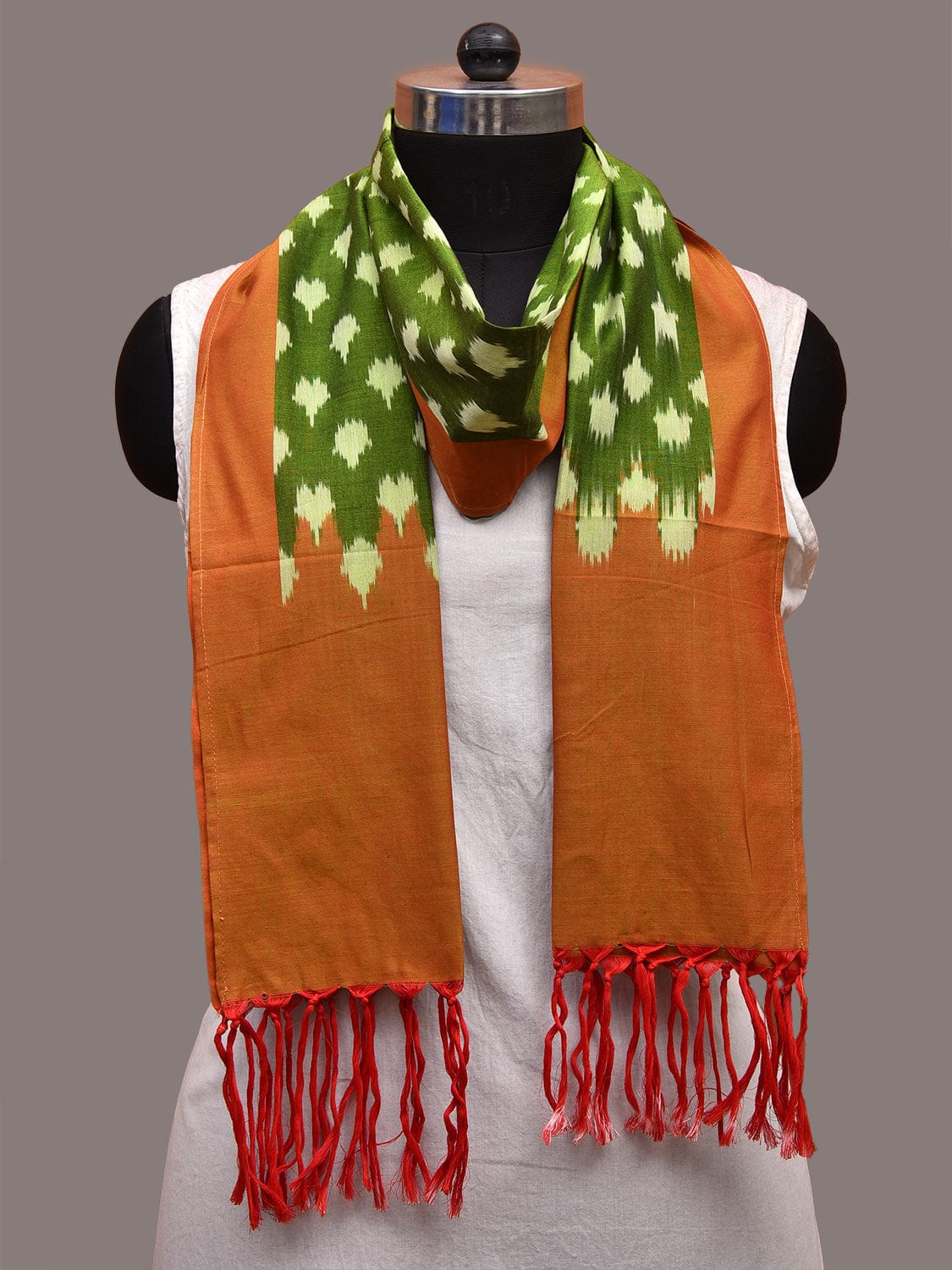 Green and Mustard Pochampally Ikat Cotton Handloom Stole with Buta Design ds3644