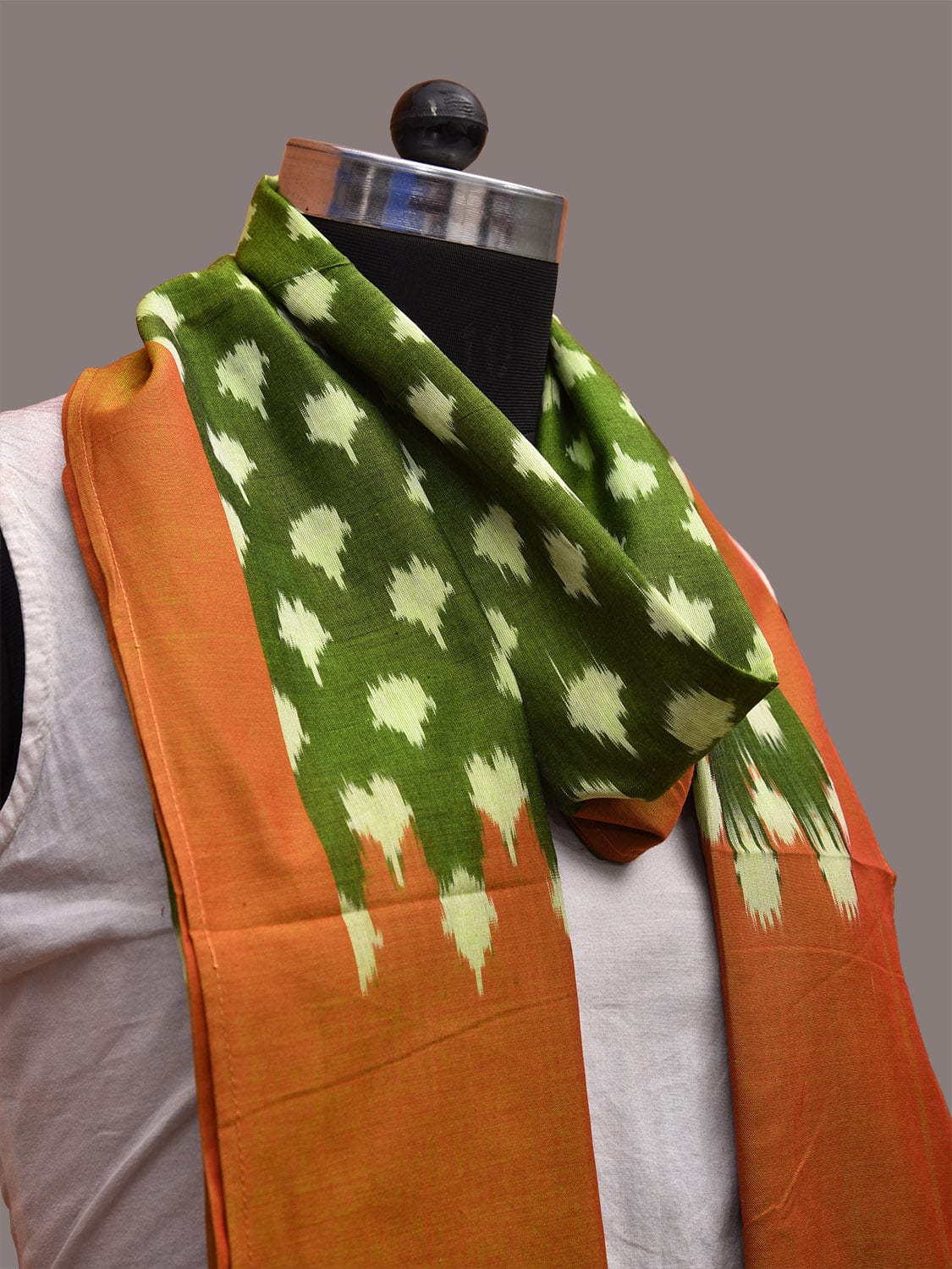 Green and Mustard Pochampally Ikat Cotton Handloom Stole with Buta Design ds3644