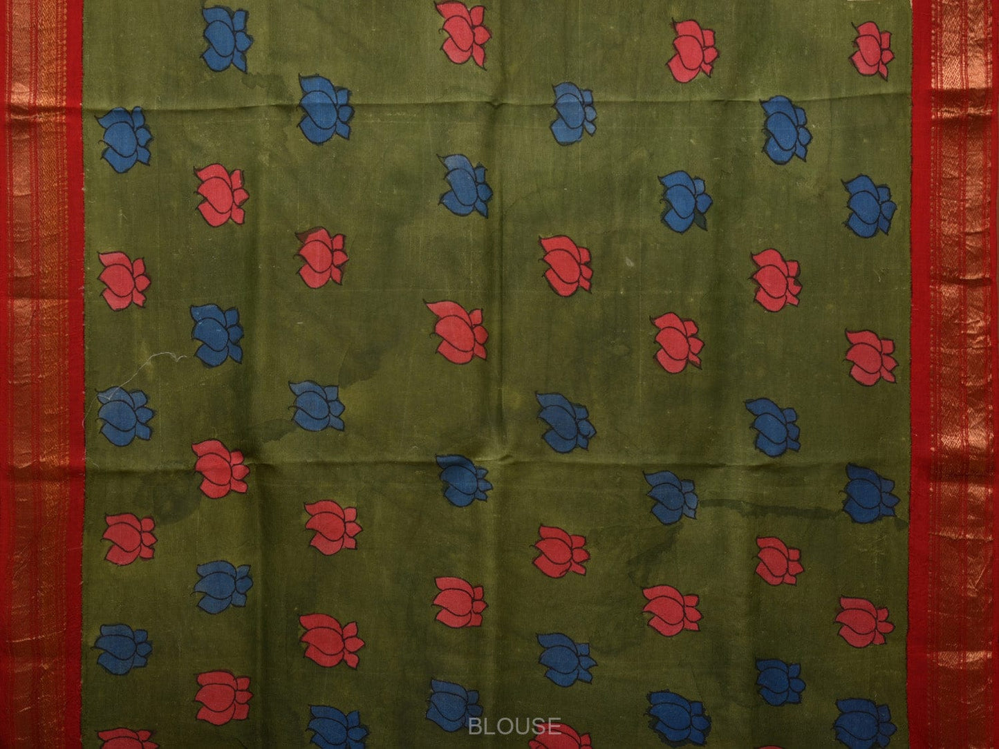 Green and Red Kalamkari Hand Painted Gadwal Silk Handloom Saree with Lotus and Peacock Design KL0657