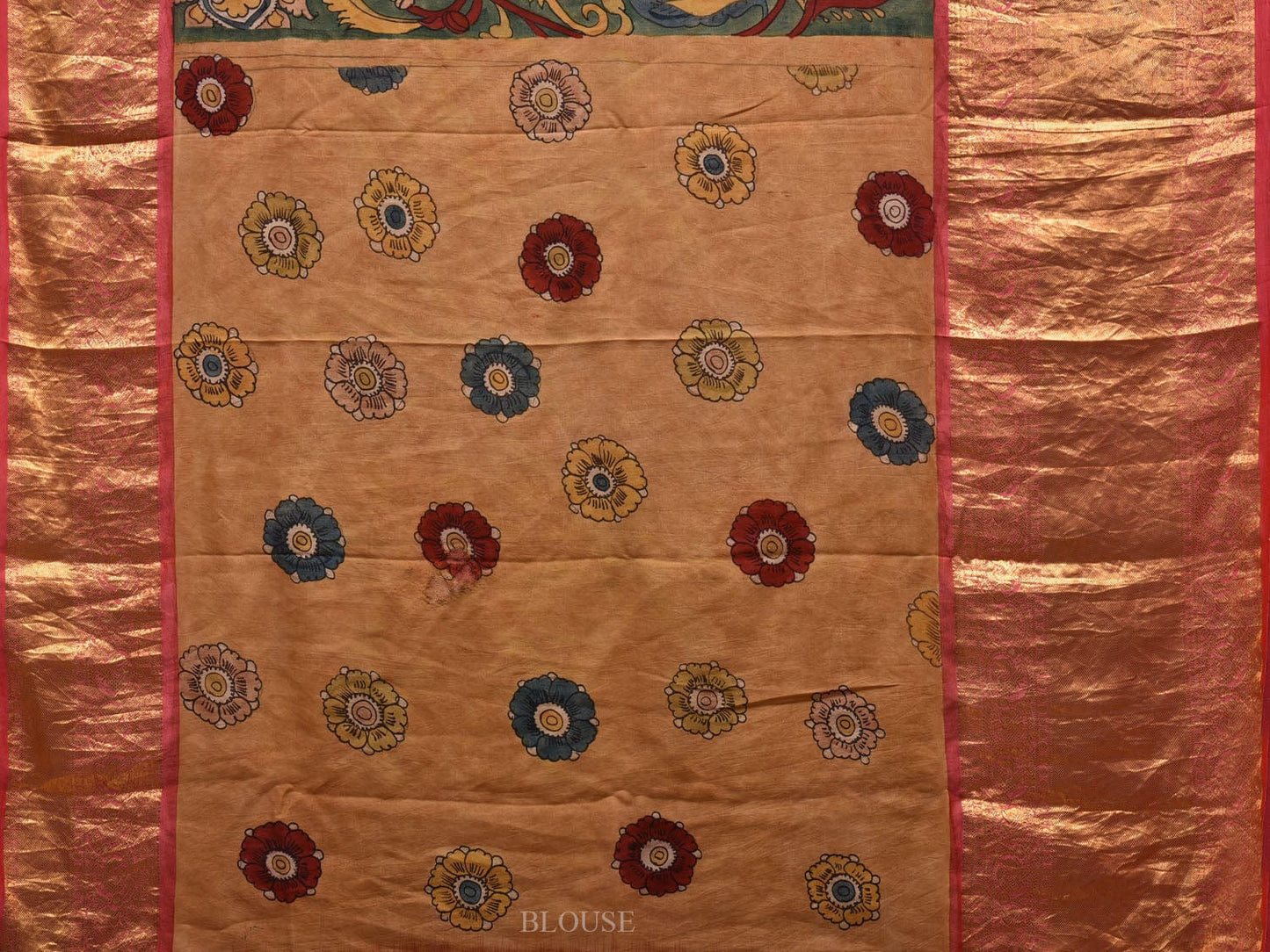 Green and Red Kalamkari Hand Painted Kanchipuram Silk Handloom Saree with Floral Design KL0628