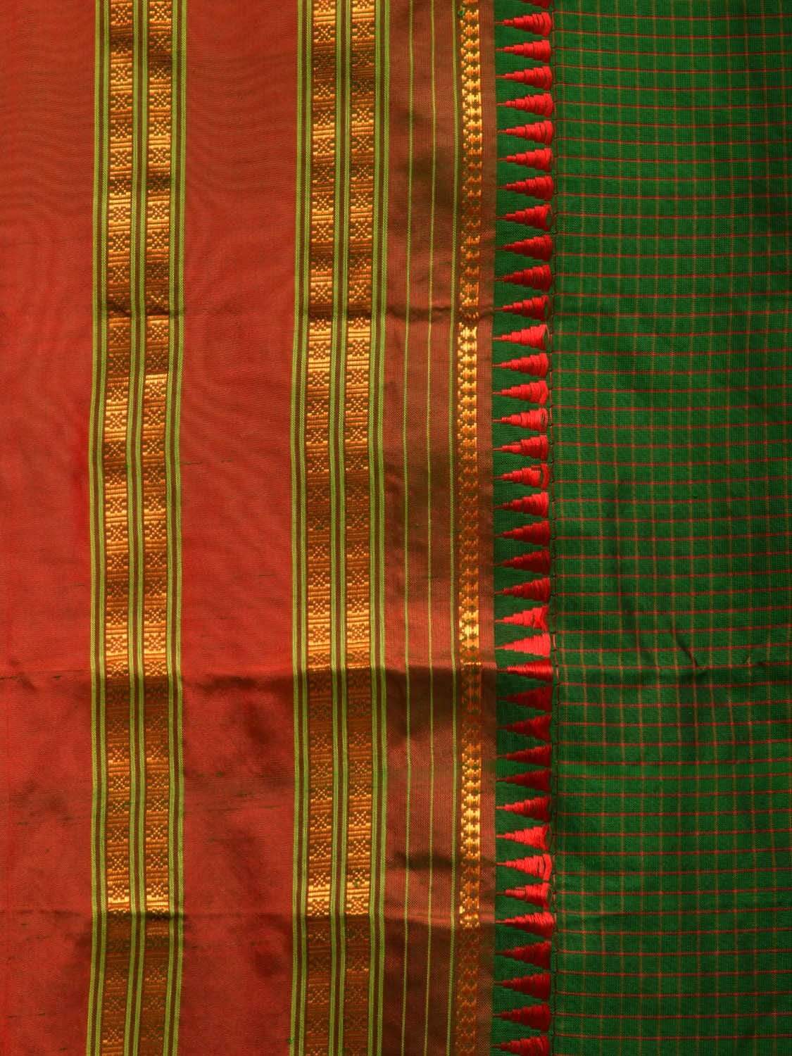 Green and Red Narayanpet Silk Handloom Saree with Checks Design No Blouse np0445
