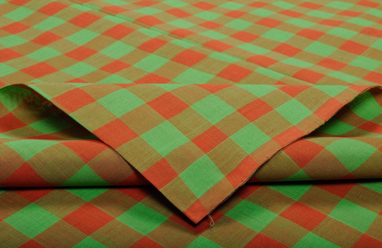 Green And Rust Cotton Fabric With Checks Design F0009
