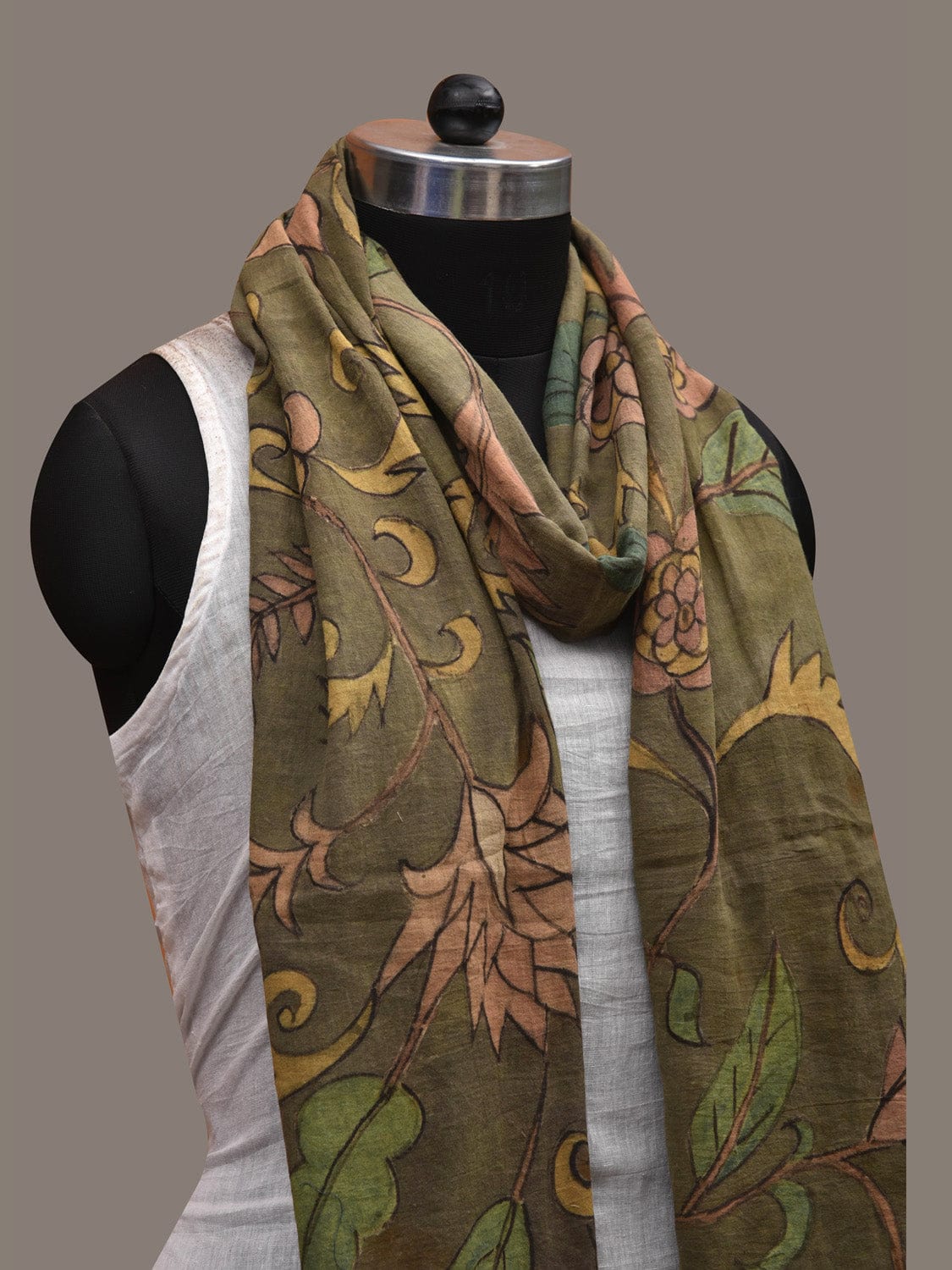 Green Kalamkari Hand Painted Cotton Handloom Stole with Floral Design ds2809