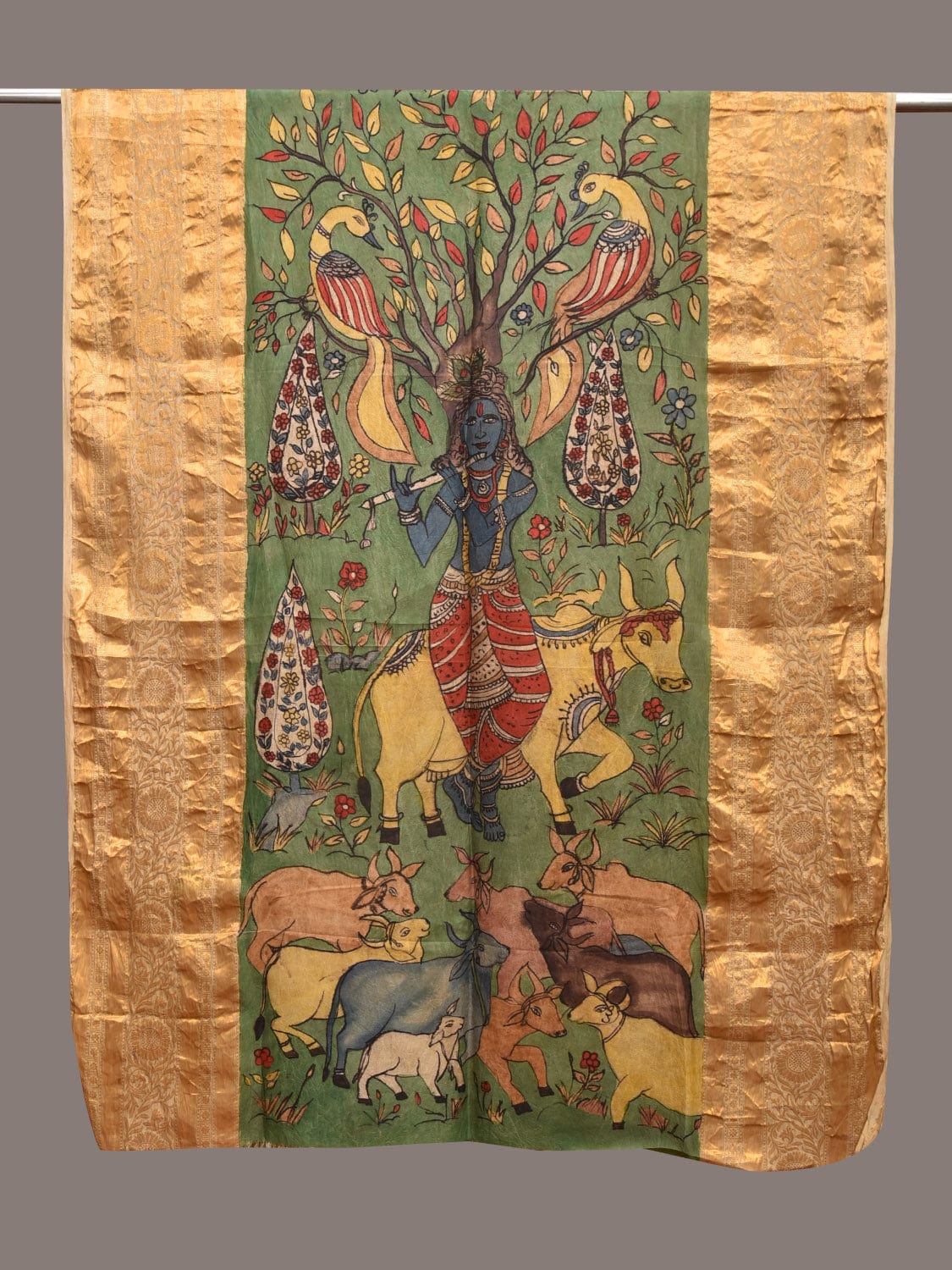 Green Kalamkari Hand Painted Kanchipuram Silk Handloom Dupatta with Krishna and Cows Design ds3573