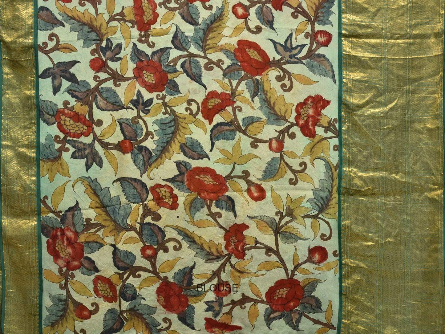 Green Kalamkari Hand Painted Kanchipuram Silk Handloom Saree with Floral Design KL0420