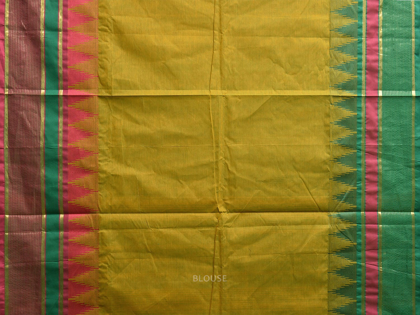 Green Kanchipuram Cotton Saree with Ganga-Jamuna Temple Border Design k0811