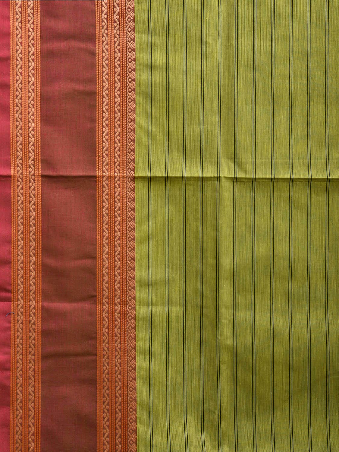 Green Kanchipuram Cotton Saree with Strips and Ganga-Jamuna Border Design k0783