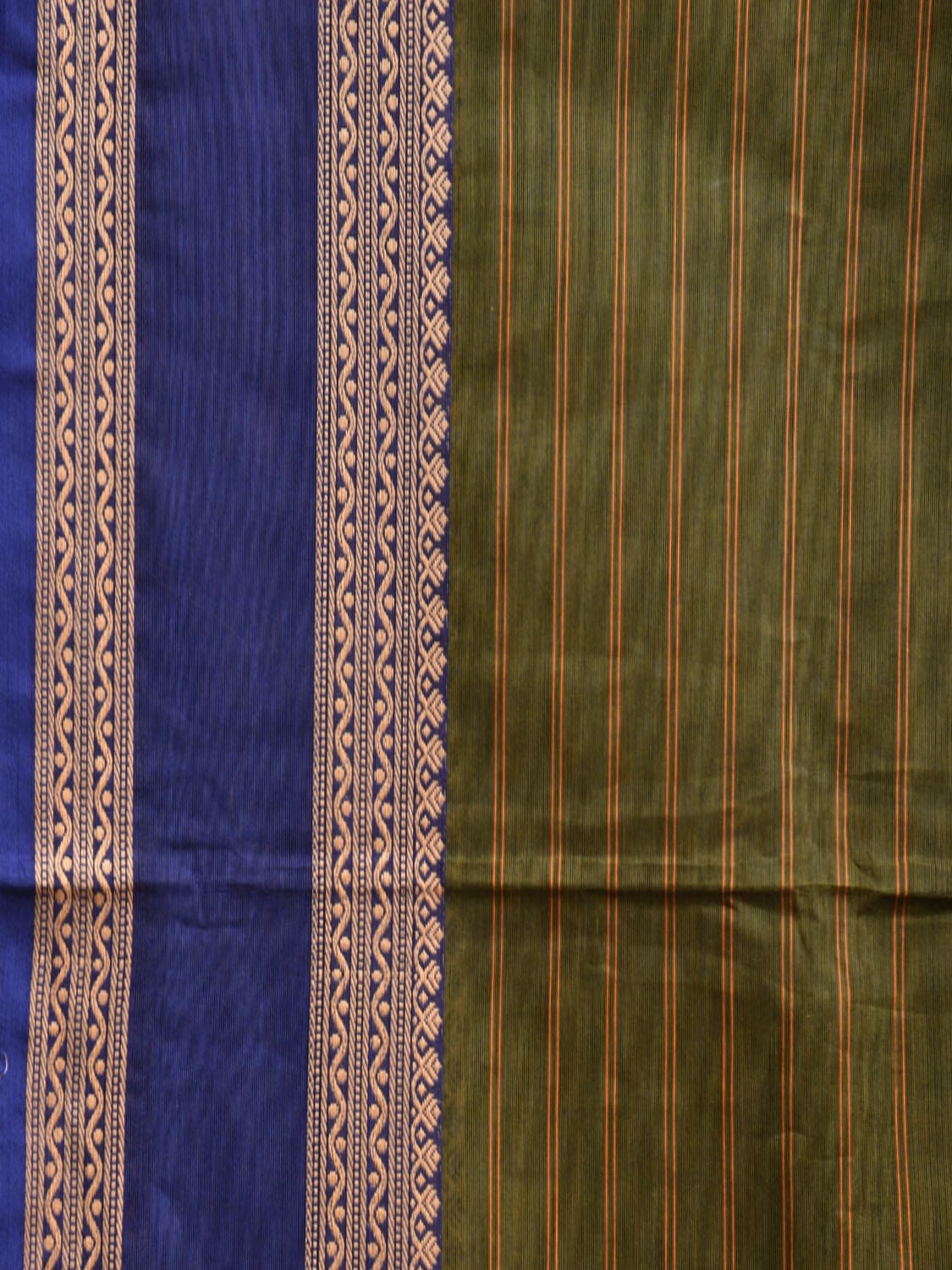 Green Kanchipuram Cotton Saree with Strips and Ganga-Jamuna Border Design Kalamkari Blouse k0830