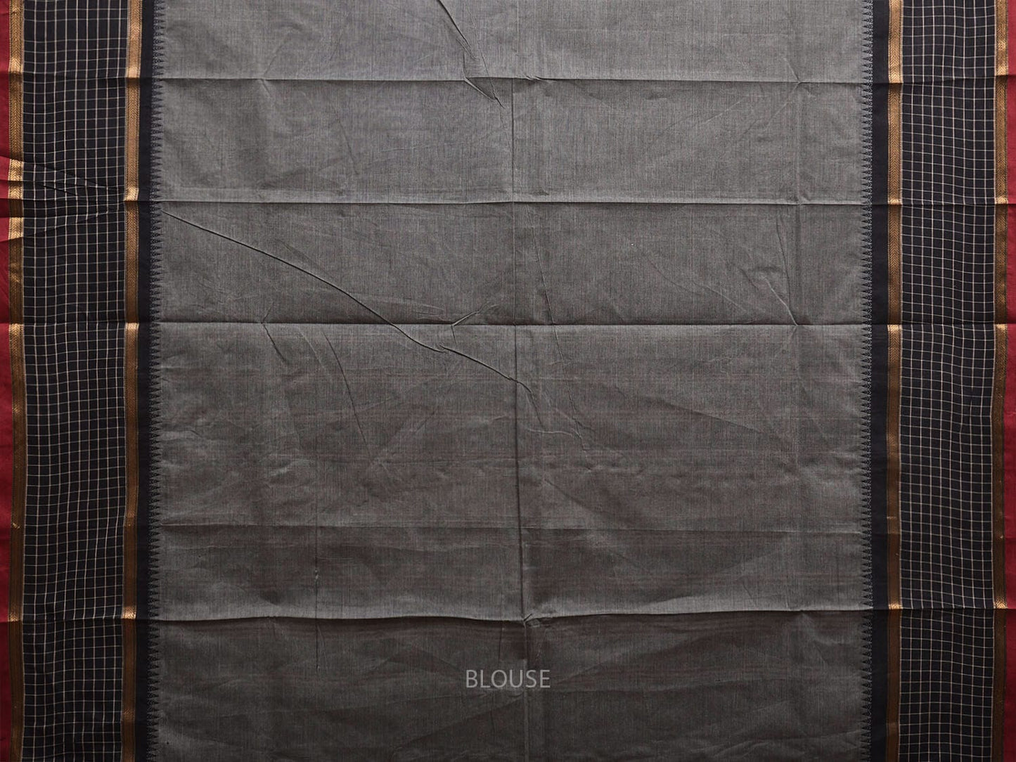 Grey and Black Kanchipuram Cotton Plain Saree with Strips Pallu and Checks Border Design k0746