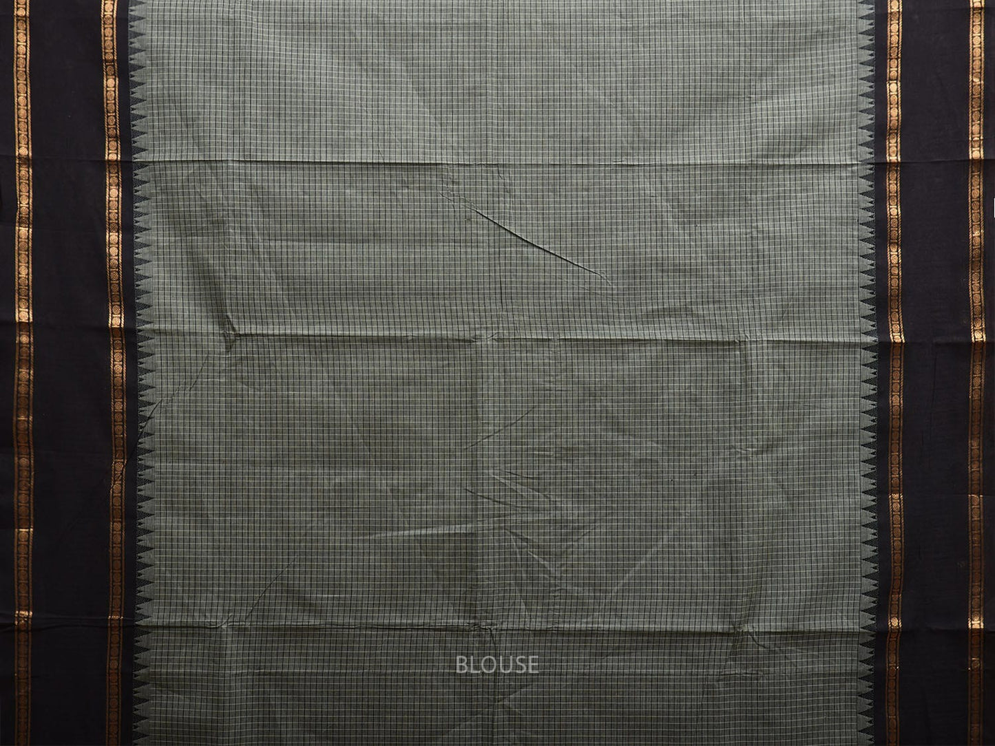 Grey and Black Kanchipuram Cotton Saree with Strips Pallu and Checks Design k0754