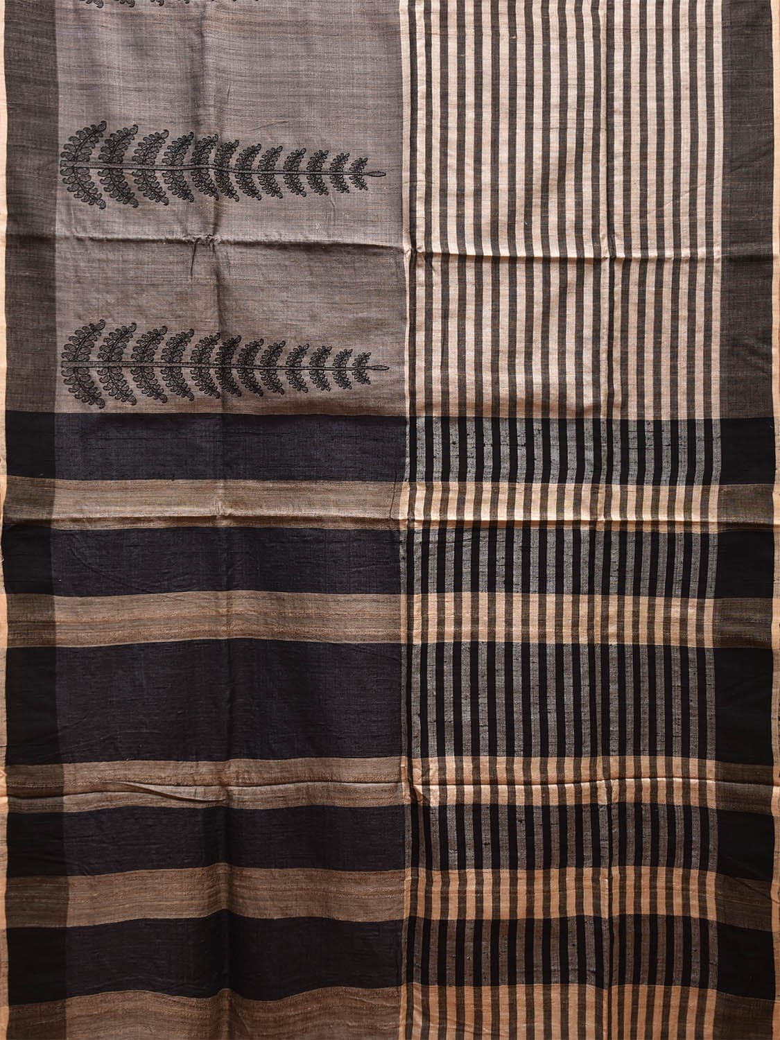 Grey and Black Tussar Saree with Strips Body and Pallu Design o0554