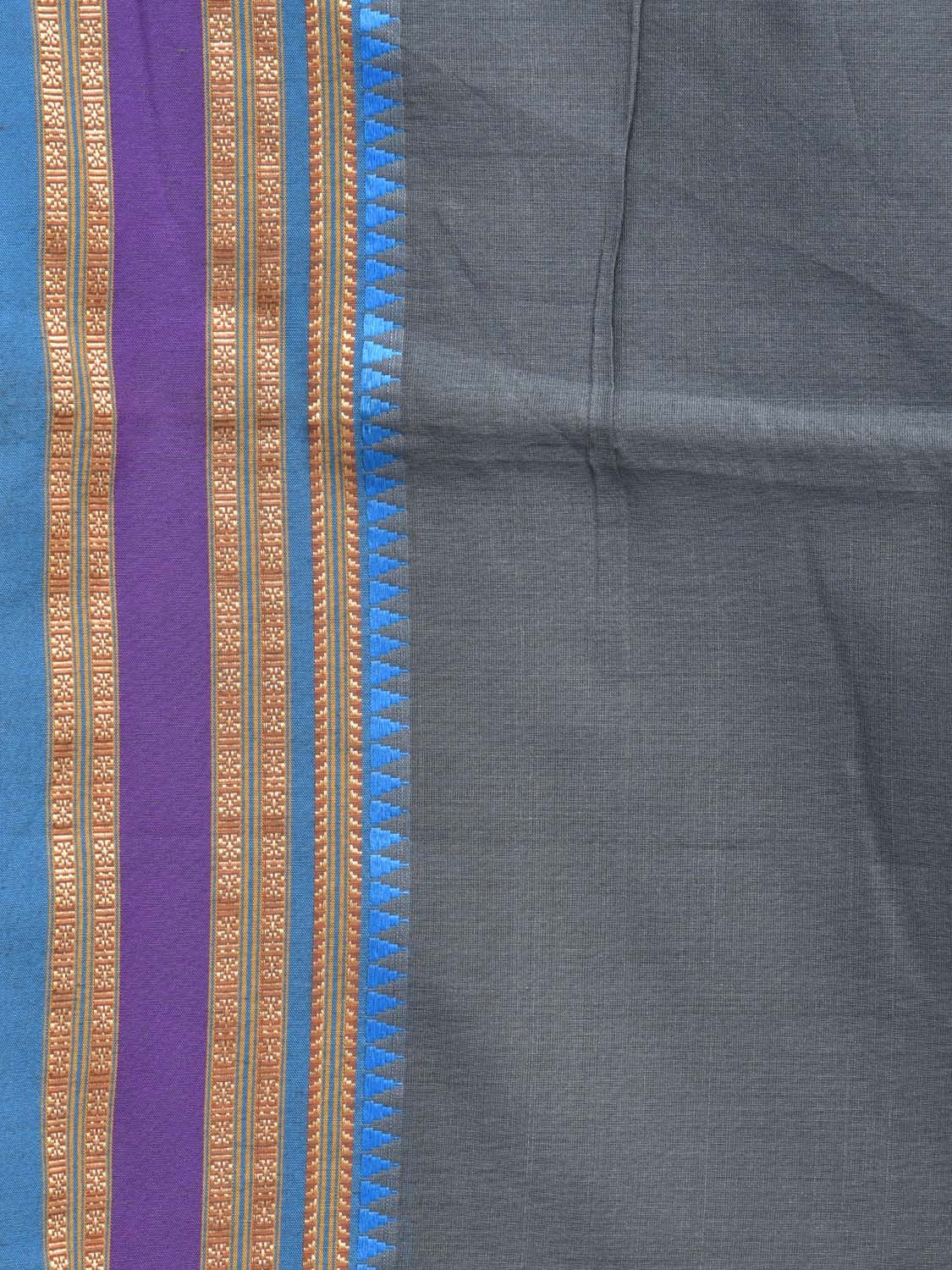Grey and Blue Bamboo Cotton Plain Saree with Small Tmeple Border Design No Blouse bc0156