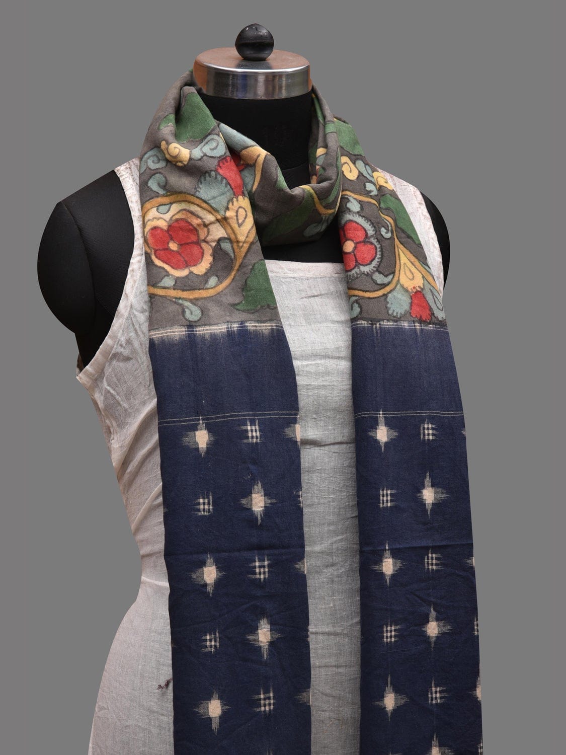 Grey and Blue Kalamkari Hand Painted Ikat Cotton Handloom Dupatta with Floral and Peacocks Design ds2614