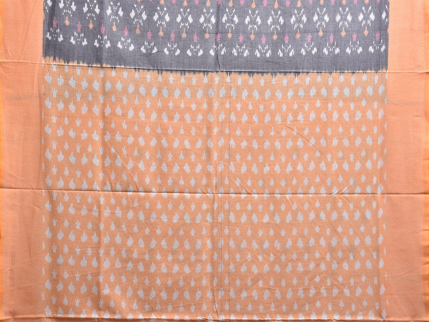 Grey and Light Orange Pochampally Ikat Cotton Handloom Saree with All Over Body and Pallu Design i0893
