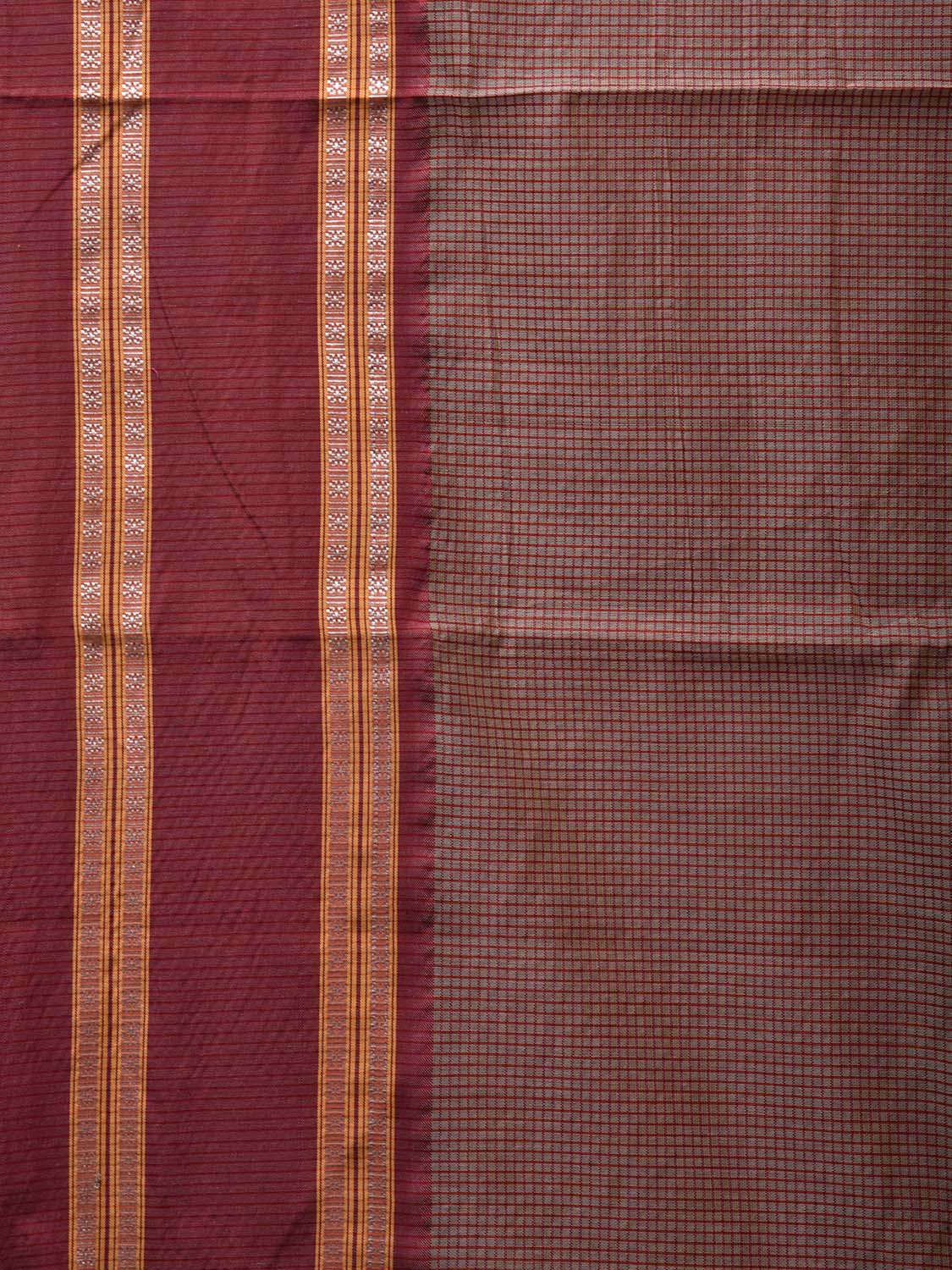 Grey and Maroon Bamboo Cotton Saree with Small Checks and Strips Pallu Design No Blouse bc0587