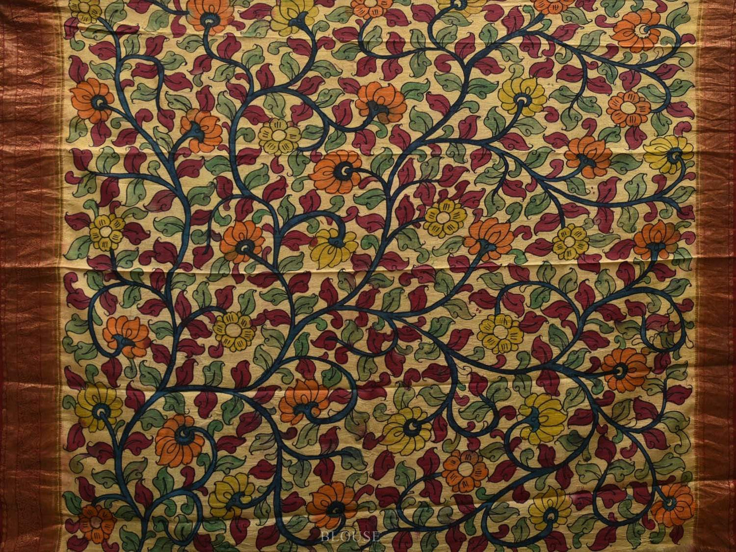 Grey and Maroon Kalamkari Hand Painted Kanchipuram Silk Handloom Saree with Floral Design KL0545