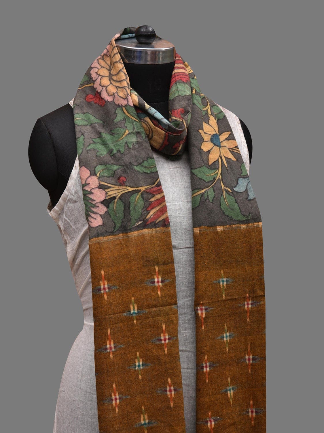 Grey and Mustard Kalamkari Hand Painted Ikat Cotton Handloom Dupatta with Floral and Birds Design ds2613
