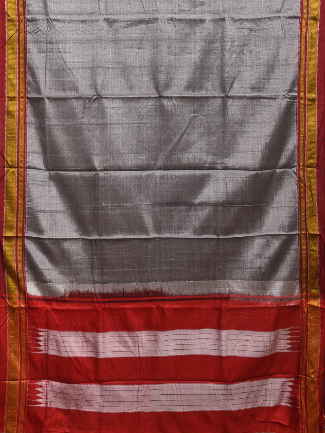 Grey and Red ilkal Viscose Silk Plain Saree with Strips Pallu Design o0472
