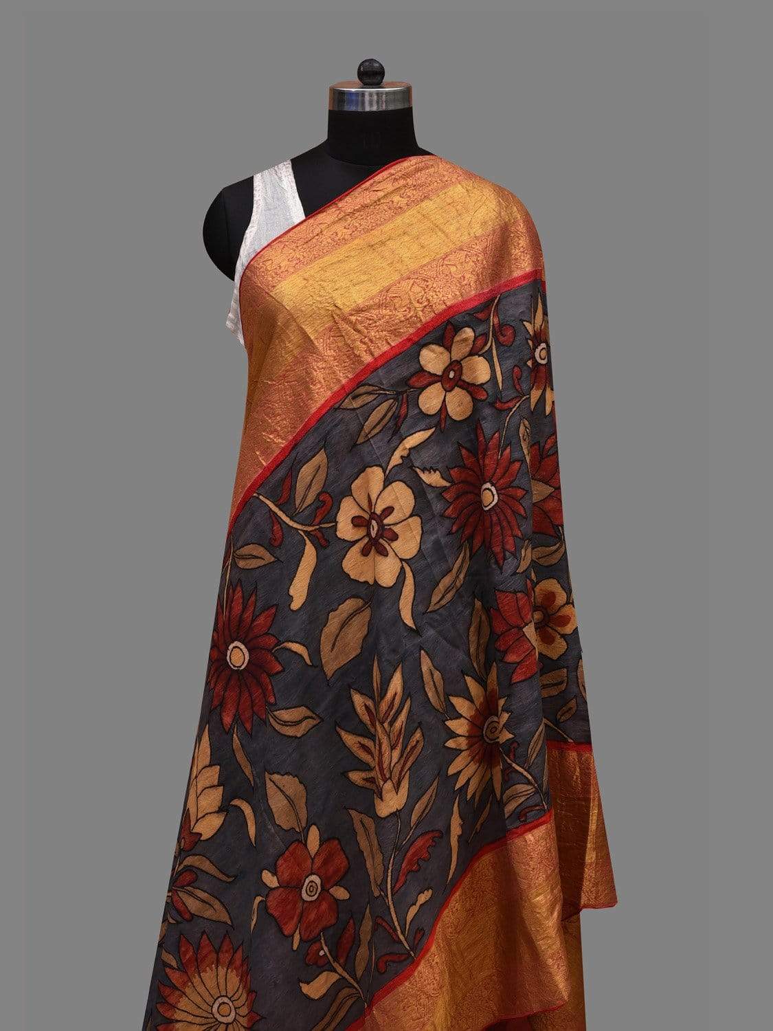 Grey and Red Kalamkari Hand Painted Kanchipuram Silk Handloom Dupatta with Floral Design ds2598
