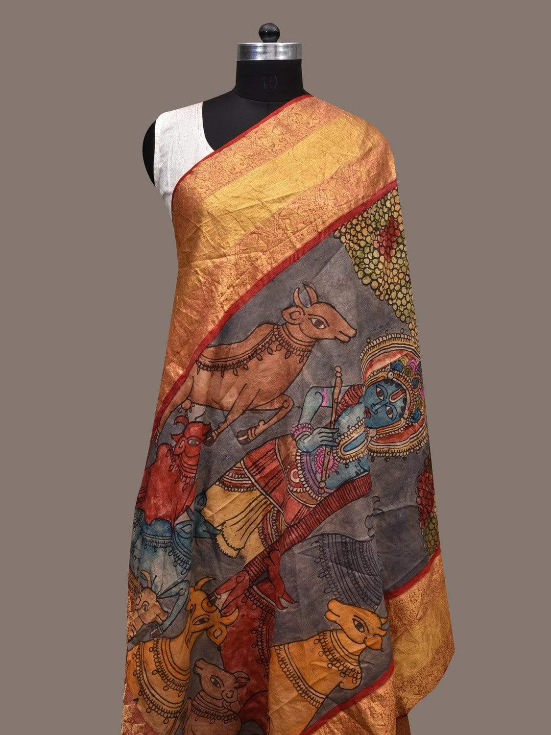 Grey and Red Kalamkari Hand Painted Kanchipuram Silk Handloom Dupatta with Krishna and Cows Design ds2353