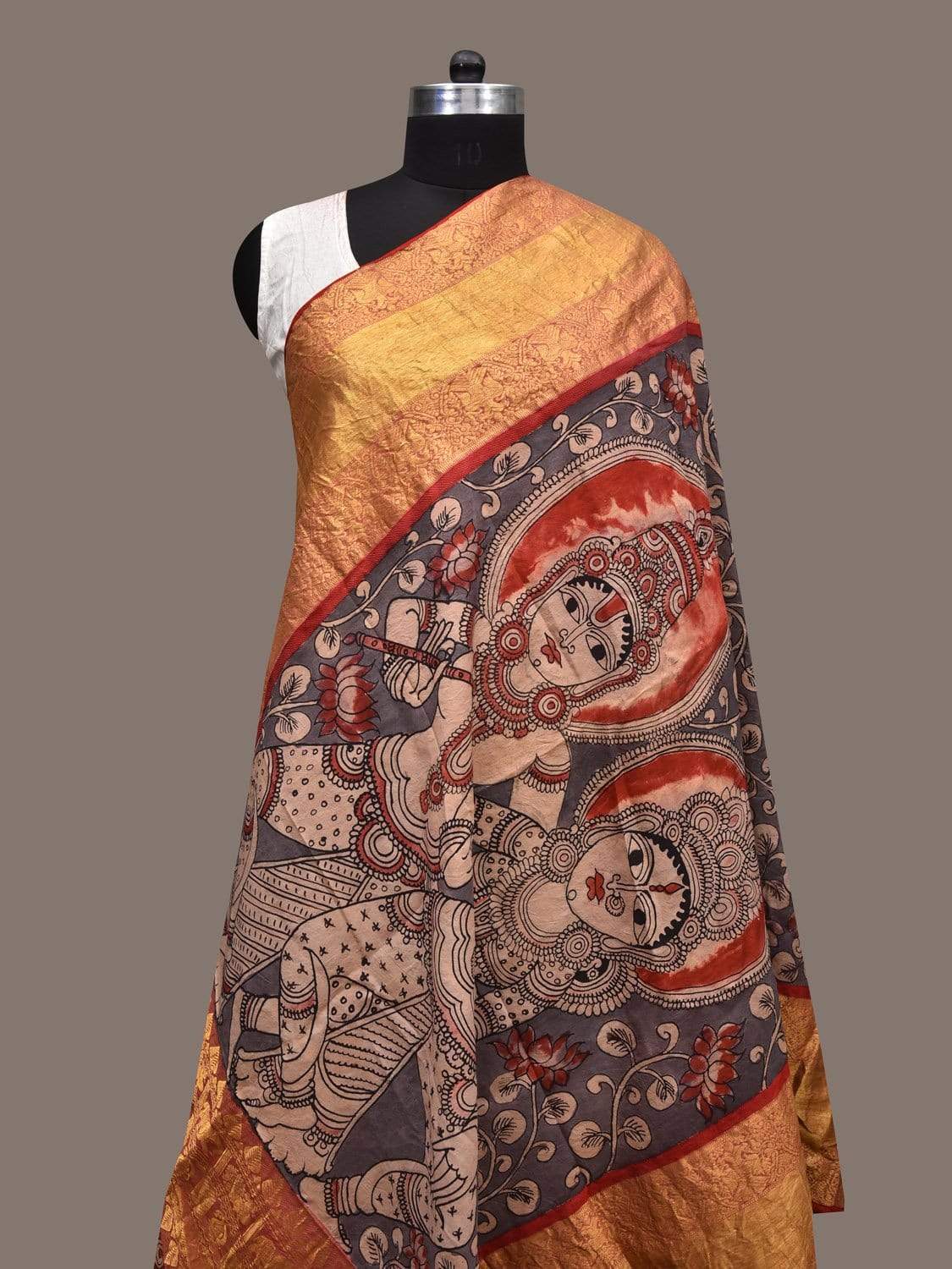 Grey and Red Kalamkari Hand Painted Kanchipuram Silk Handloom Dupatta with Krishna Design ds2352